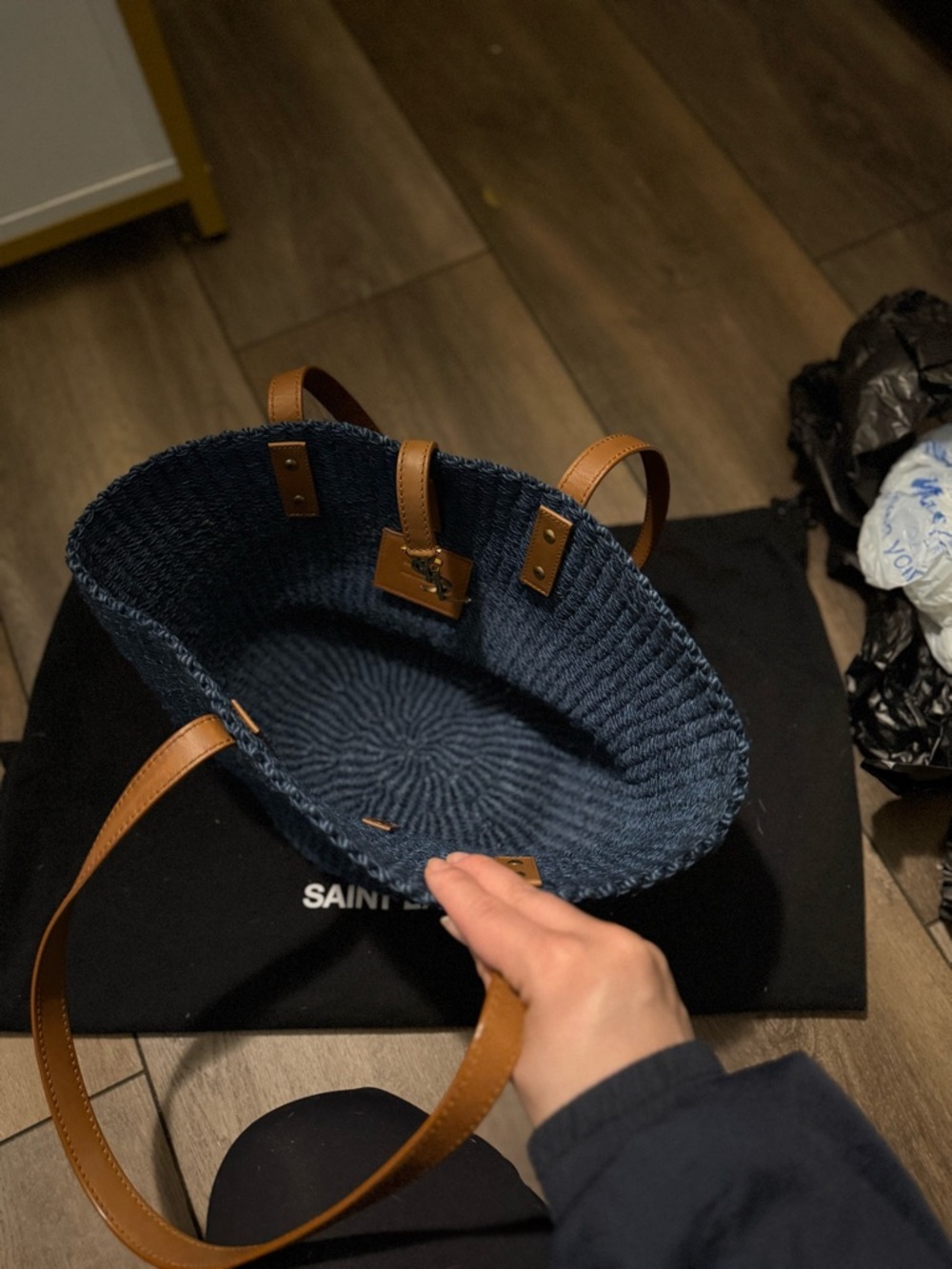 Saint Laurent Navy Woven Tote - Picture 7 of 9